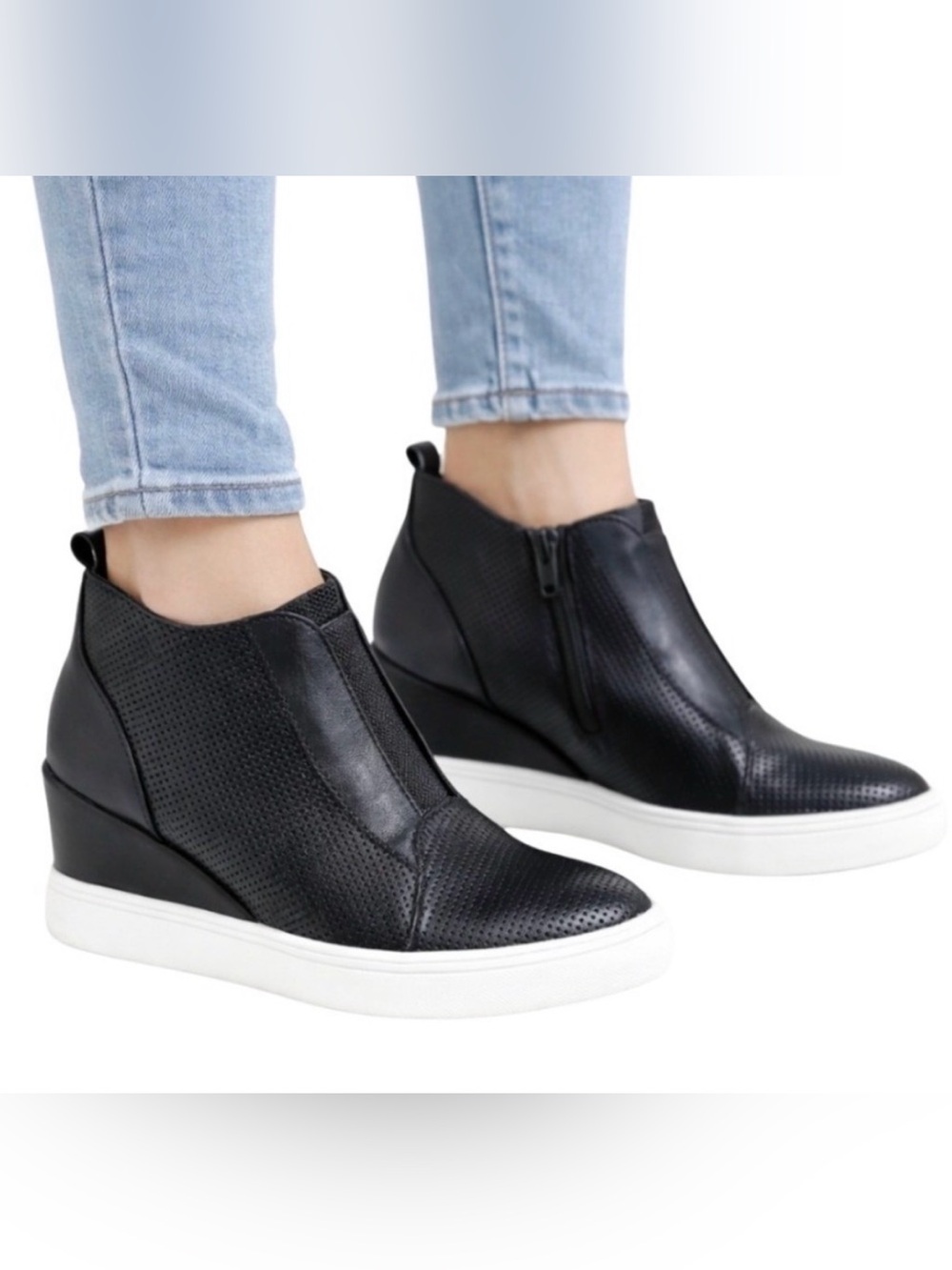 MIA Women's Black Perforated Wedge Sneaker High Top Side Zip White Sole 7.5